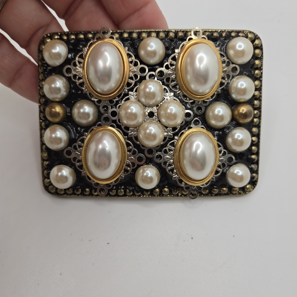 Pearl Bead Belt Buckle Big Bling Faux White & Black Beads Gold Tone Statement